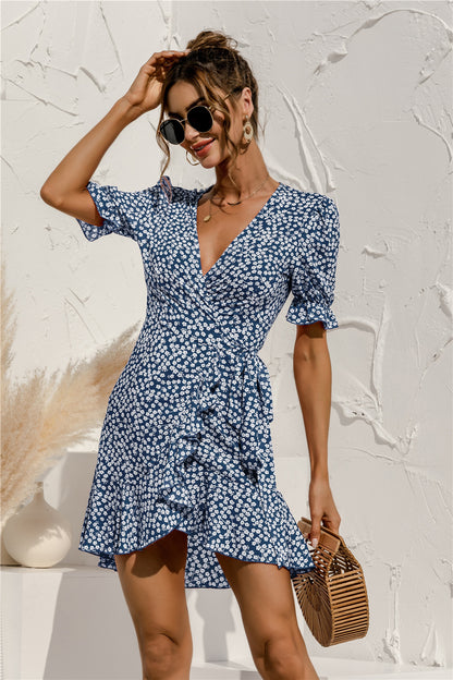 summer Sexy V-neck Floral Tie-Neck Dress