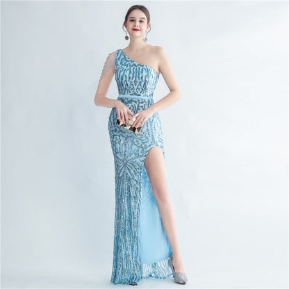 Sequ Positioning Floral With Silk Satin Oblique Shoulder Beaded Fishtail Dress Evening Dress