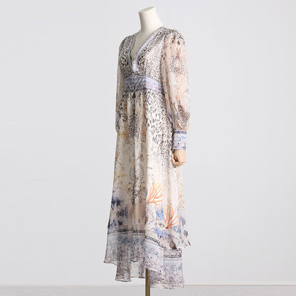 Robe longue asymétrique irrégulière à manches longues et col en V pour femme, vêtement de printemps, imprimé léopard, taille amincissante