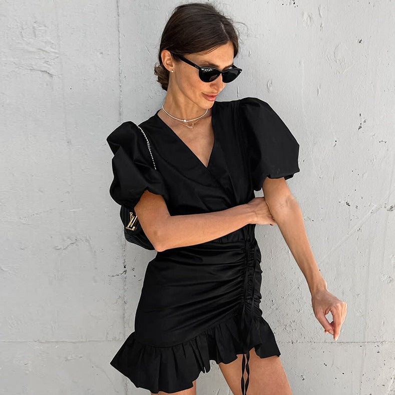 Black French Elegant V neck Puff Sleeve Drawstring Dress Summer Women Clothing