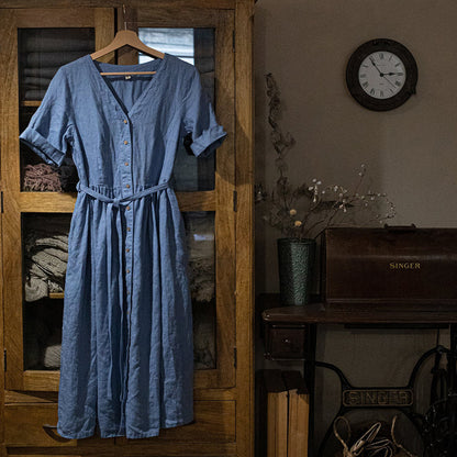 Vestido de lino y algodón nórdico para primavera y verano, escote en V, cintura ajustada, diseño de abertura lateral, vestido de dormir elegante para mujer