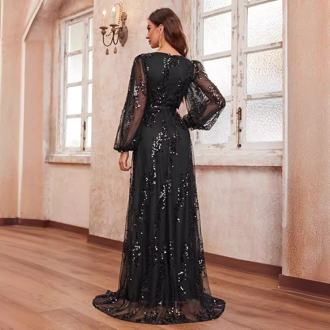 Robe de soirée de bal élégante pour dames, paillettes, col en V croisé, manches longues, robe de soirée