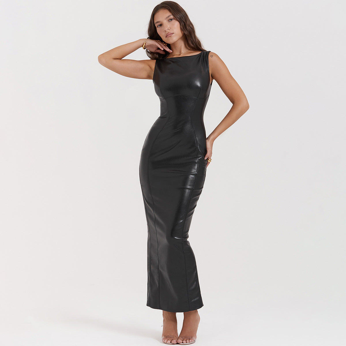 Sexy Women Wear High End Faux Leather Skinny Sheath Long Black Sleeveless Vest Split Dress Women