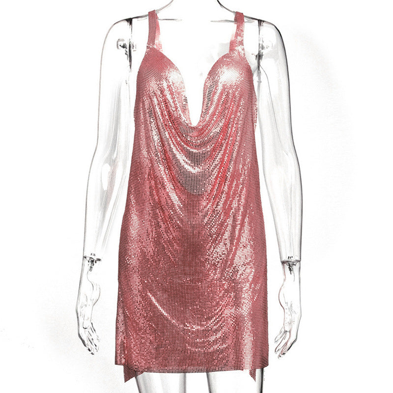 Women Clothing Cami Dress Sexy Sexy Metal Sequined Halter Cami Dress Women