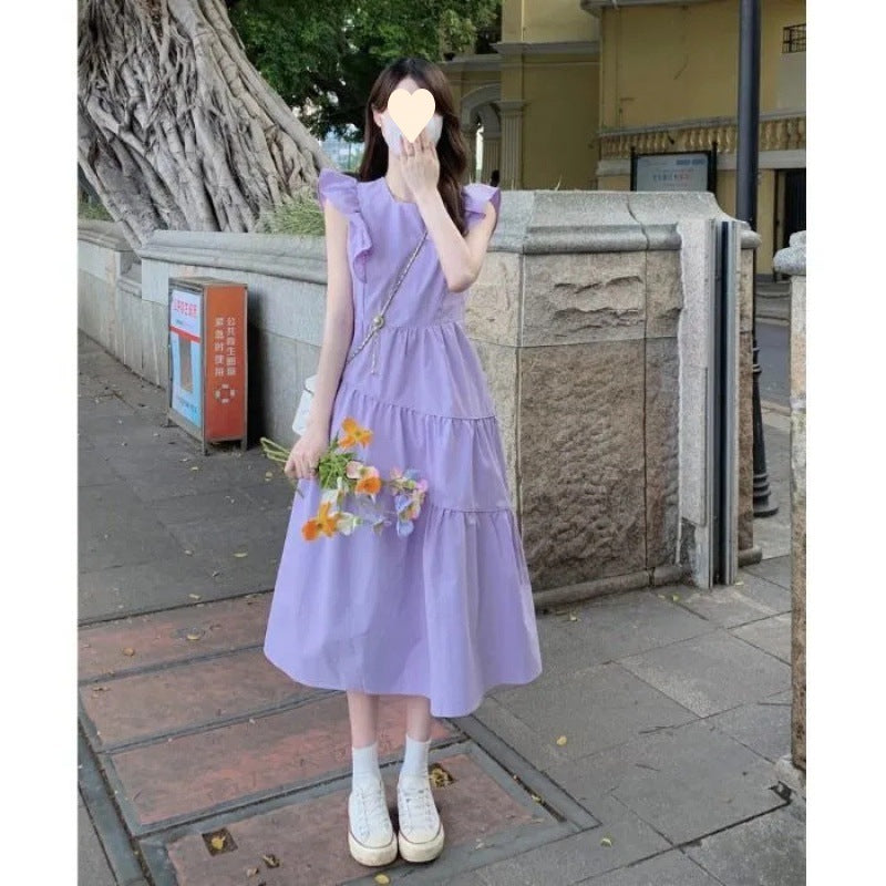 Flying Sleeve Dress Summer Women Chic Beautiful Seaside Holiday French Waist Slimming Age Reducing Mid Length Dress