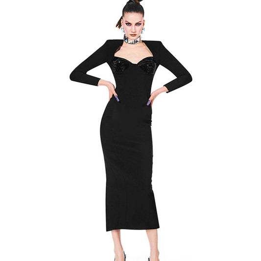 Fall Sexy V Neck Long Sleeve Diamond Elastic Bandage Dress Party Cocktail Mid Length Formal Dress