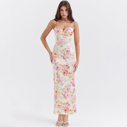 Robe imprimée à bretelles pour femmes, tenue de vacances sexy à dos nu et fente florale pour femmes