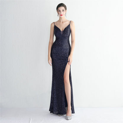 Sequin Beaded Long Camisole Gown Cocktail Slim Fit Evening Dress Elegant Stunning Fishtail Dress