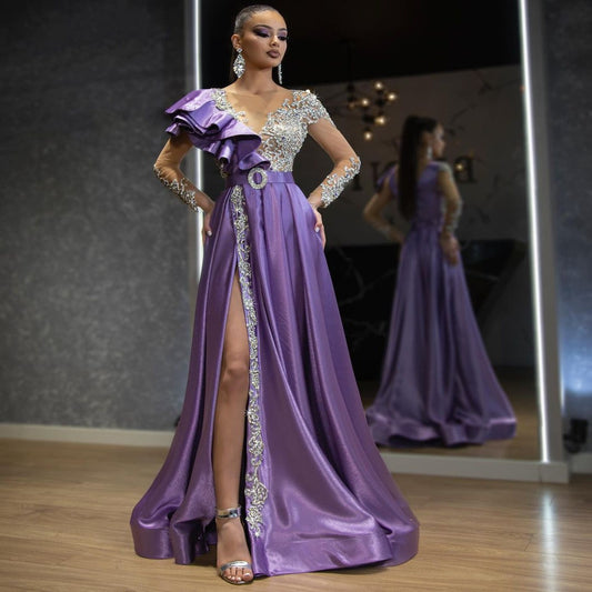 Robe de soirée de printemps pour femmes Robe en satin doré violet à sequins