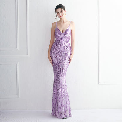 Positioning Floral Sling Party Sequined Dress Long Cocktail Slim Fit Evening Dress Fishtail Dress