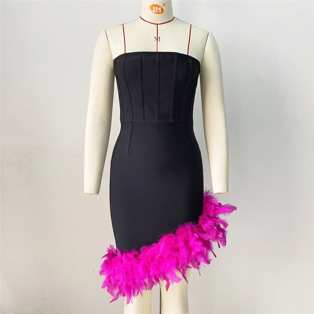 Vestido ajustado de tubo sexy, vestido de fiesta con cintura de plumas asimétrica irregular