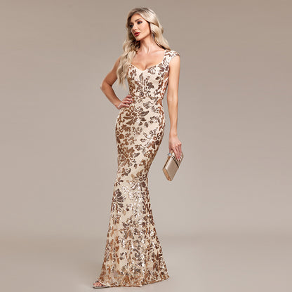 Quality Women Sweet Square Collar Formal Mermaid Rose Gold Pattern Sequined Sleeveless Party Evening Dress