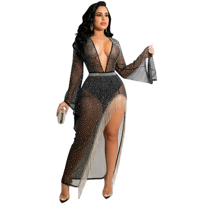 Sexy Nightclub Rhinestone Deep V Plunge Wide Sleeve Irregular Asymmetric Slit Tassel Maxi Dress Women