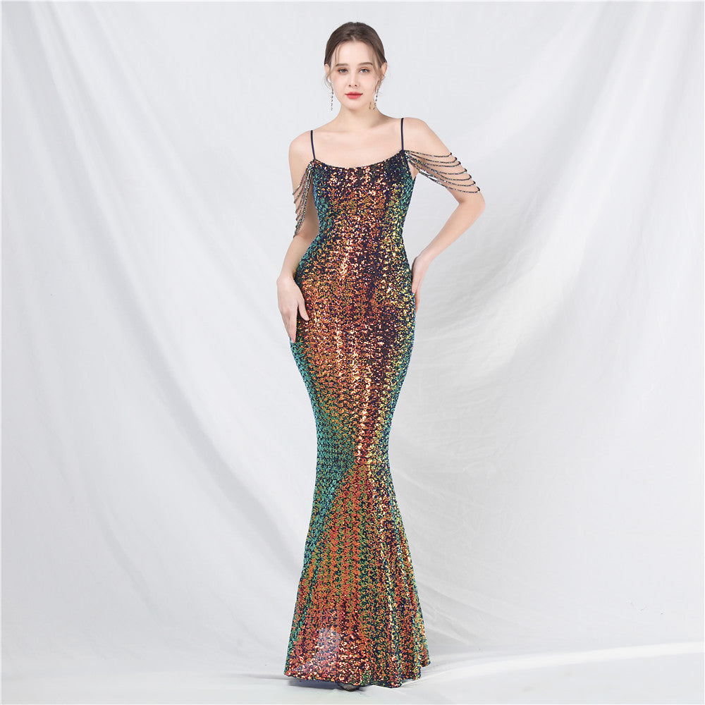 Craft of Design Beaded Colorful Sequin Long Evening Dress