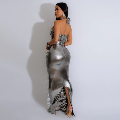 Women Clothing Nightclub Halter Cut-out Backless Sexy Dress Metallic Pull Ring Split Dress