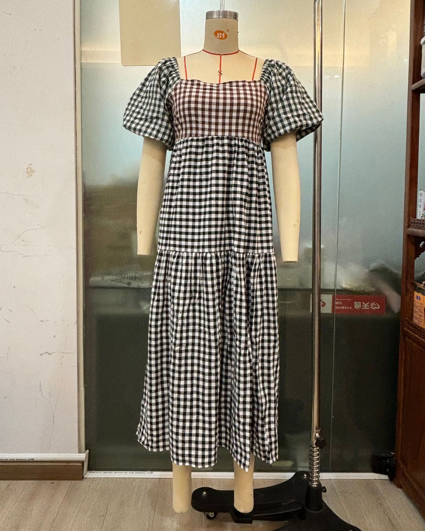 Femmes vêtements robe couleur bonbon Plaid Colorblock Maxi robe dos nu à lacets lanterne manches Maxi robe