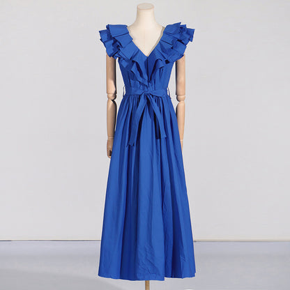 Robe longue d'été Vintage française, grand décolleté à volants, taille haute, avec coutures