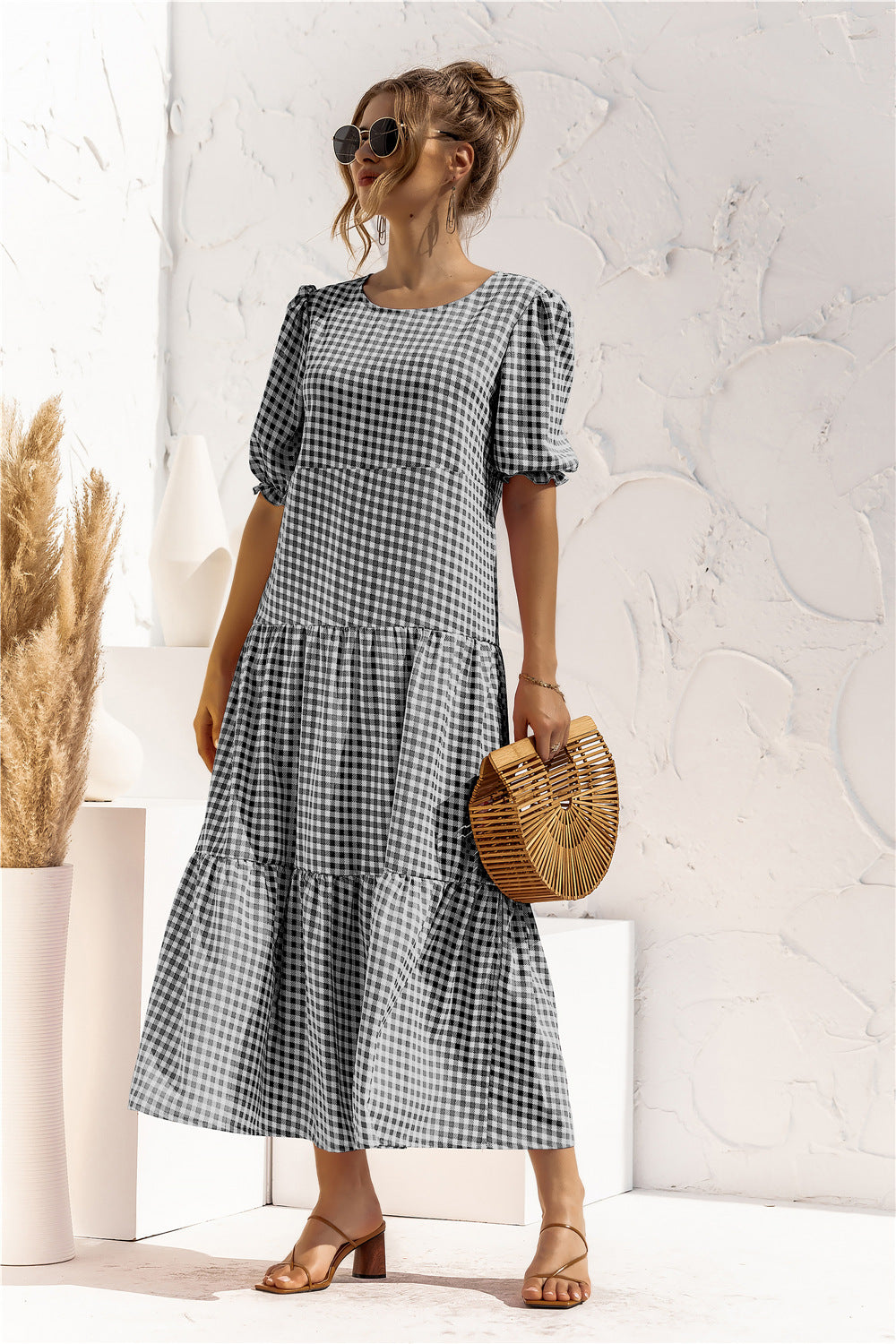 Spring/Summer Puff Sleeve Polka Dot Plaid Loose Stitching Dress Maxi Dress