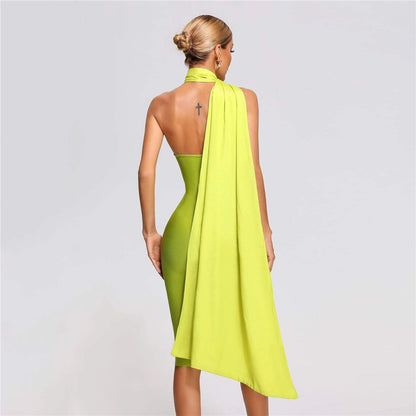 Summer Ribbon Sexy Backless Green Cocktail Party Elegant Dress Bandage One Piece Dress