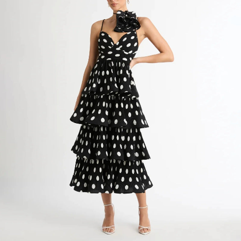 French Artistic Retro Tiered Dress Spring Halter Floral Polka-Dot High Waist Strap Dress for Women