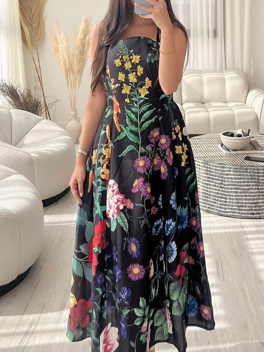 Vestido con estampado floral de plantas personalizado estilo europeo, cintura controlada, corte entallado, elegante, sin espalda, con cremallera y tirantes para bolso