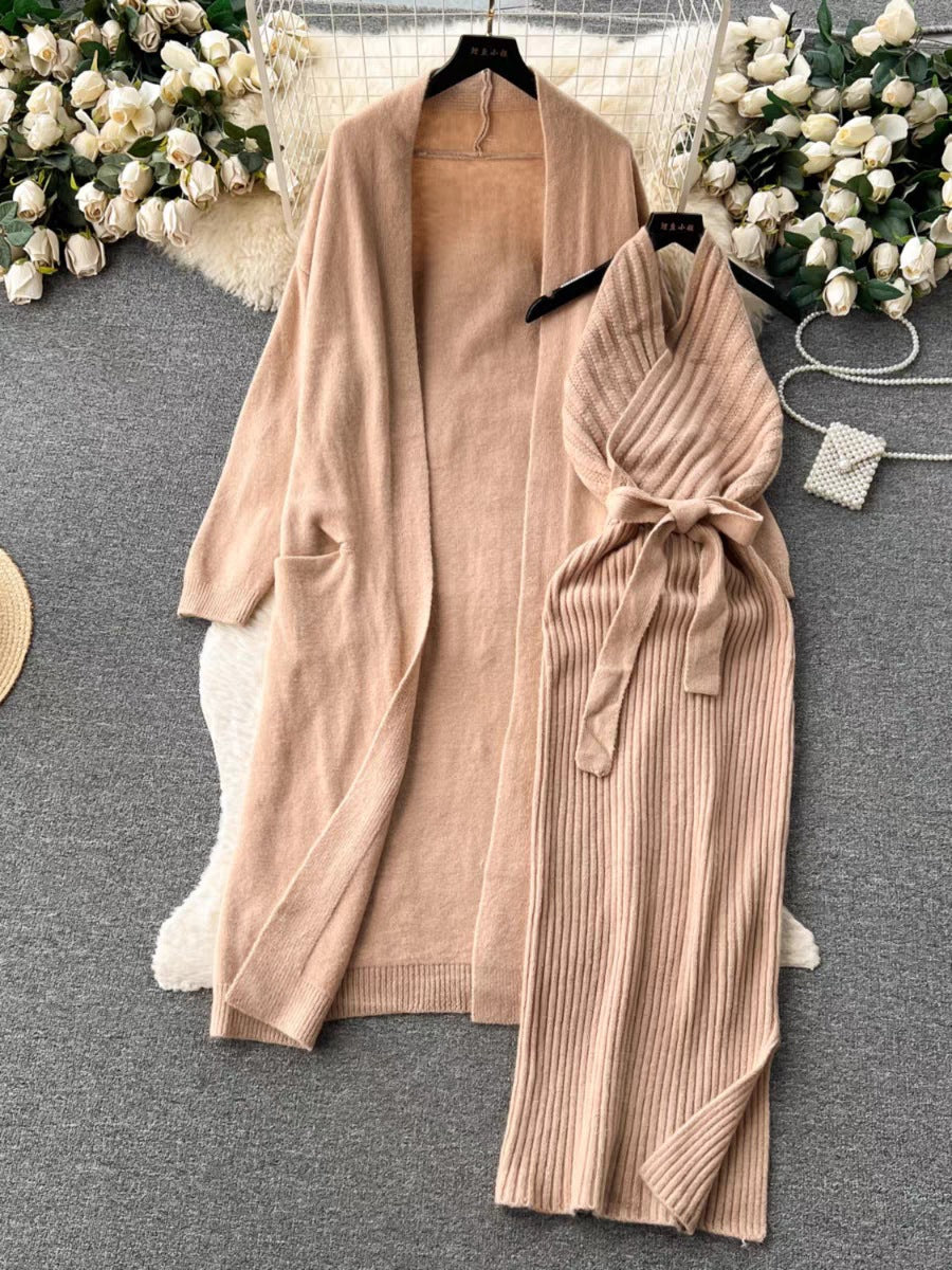 Autumn Winter Solid Color Elegant High Grade Cardigan Slim Fit Halter Dress Knitting Suit