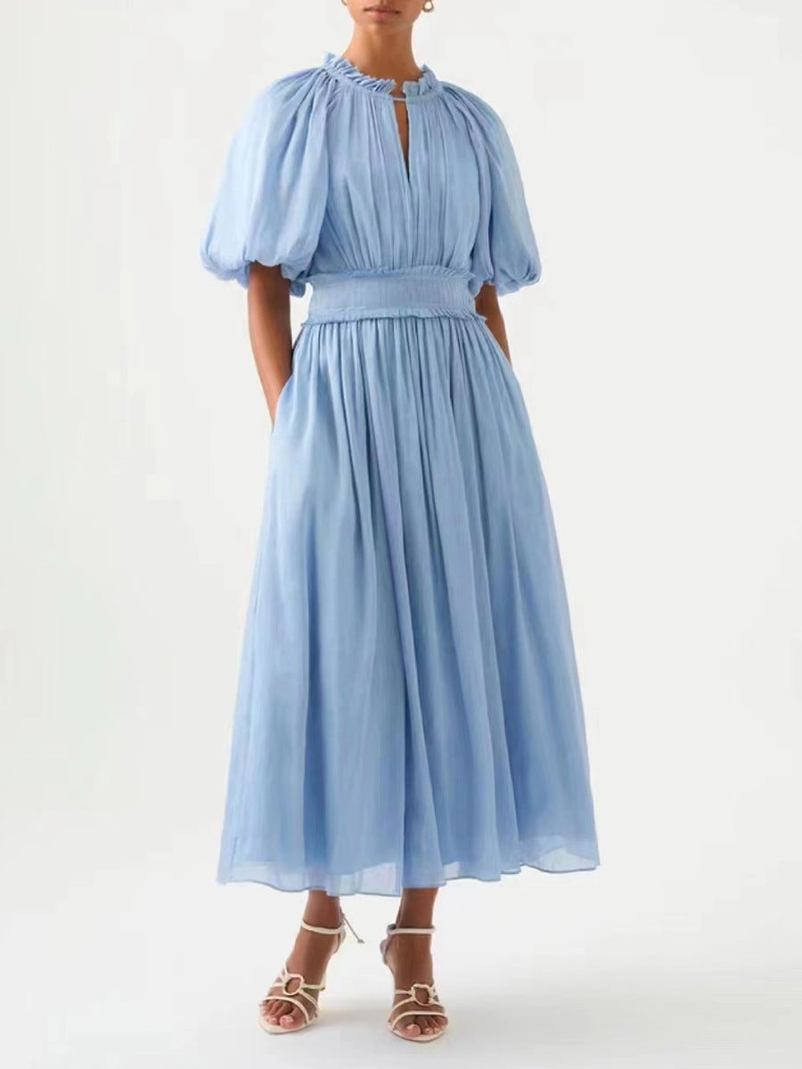 Robe longue plissée à volants et manches bouffantes en tulle de couleur unie pour femme