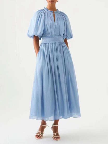 Australian Elegant Solid Color Patchwork Tulle Dress Spring Puff Sleeve Pleated Ruffled Maxi Dress Women