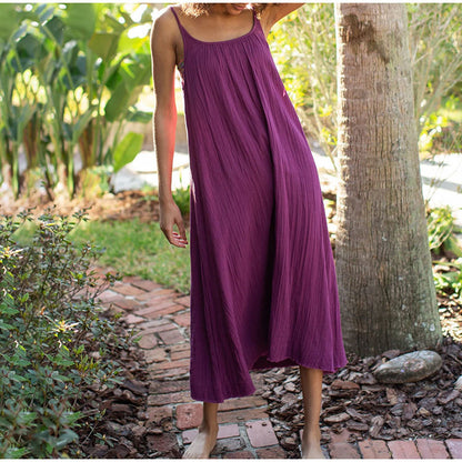 Cotton Casual Cami Dress Summer Vacation Women Maxi Dress Loose Solid Color Backless Double Layer Gauze Sleeveless Dress