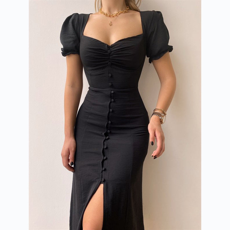 Robe midi élégante à simple boutonnage et col en V printemps été