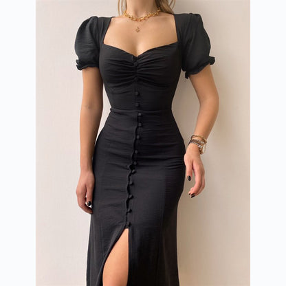 Robe midi élégante à simple boutonnage et col en V printemps été