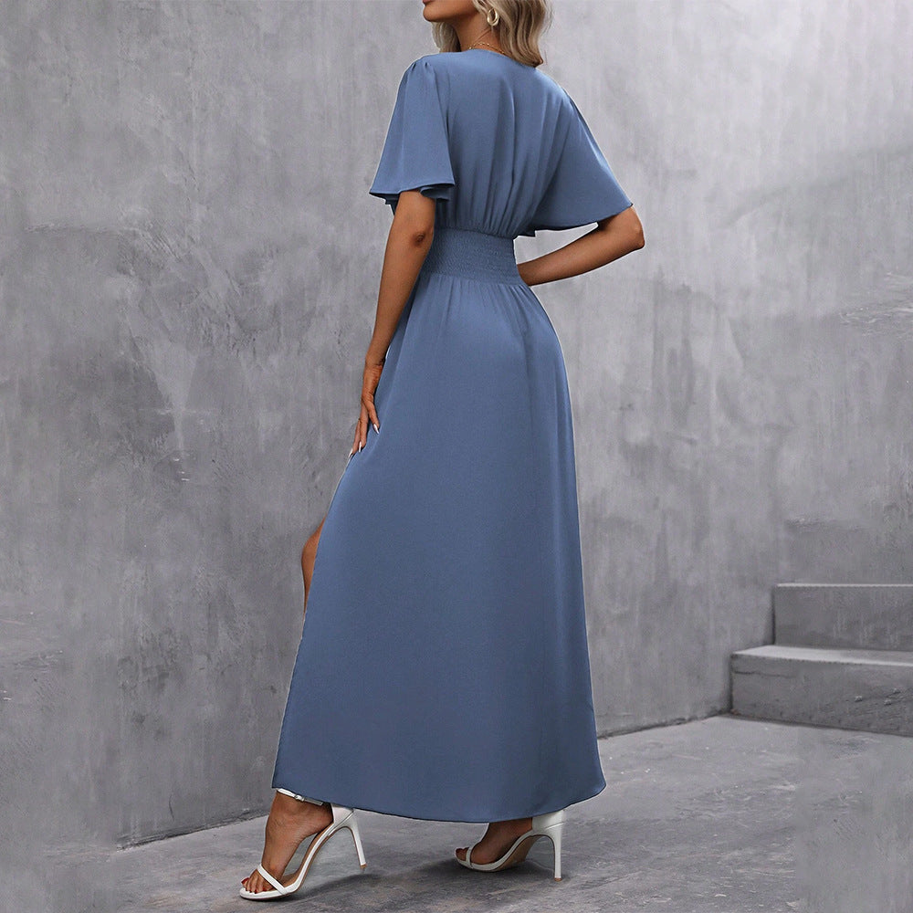 Elegant Elegant Deep V Plunge neck Slit on Both Sides Pleated Waist Tight Maxi Dress