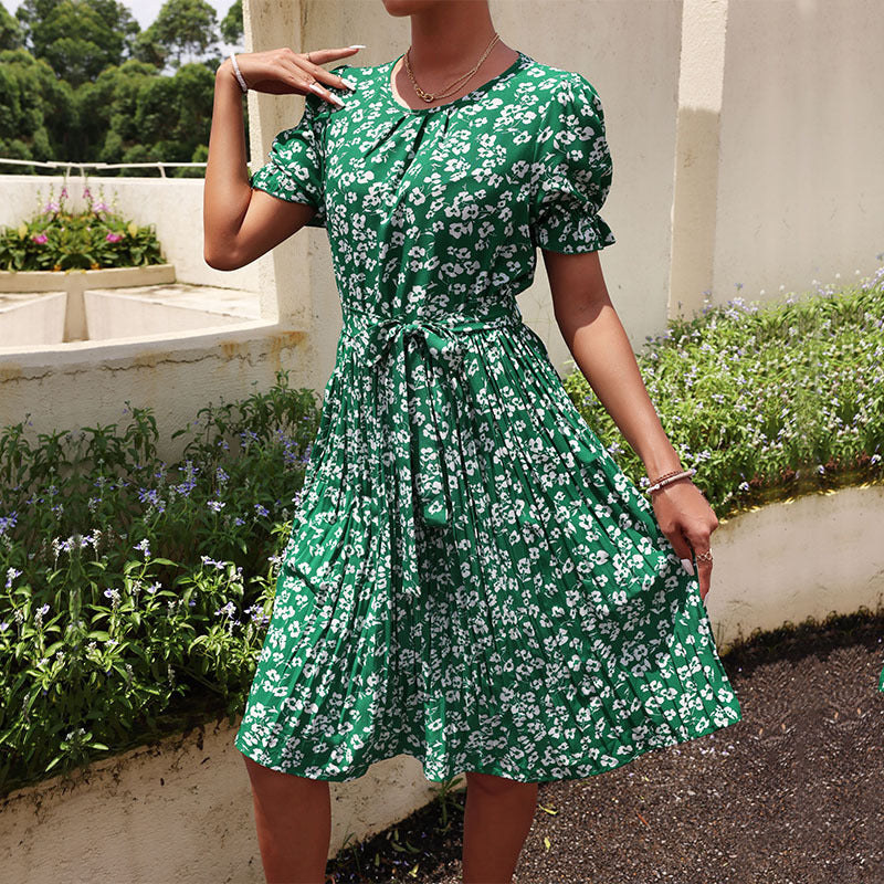 Women Wear Summer Lace up Green Pleated Dress