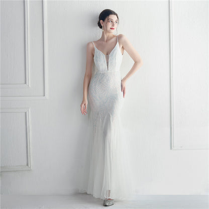 Sequin Gauze Sexy Sling Star Internet Celebrity Grand Ceremony Long Evening Dress