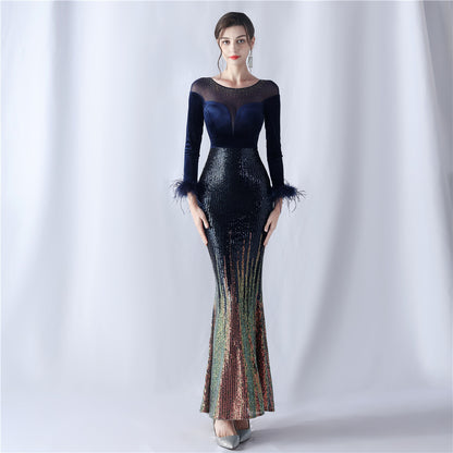 Gradient Bead Drilling Velvet High End Evening Dress