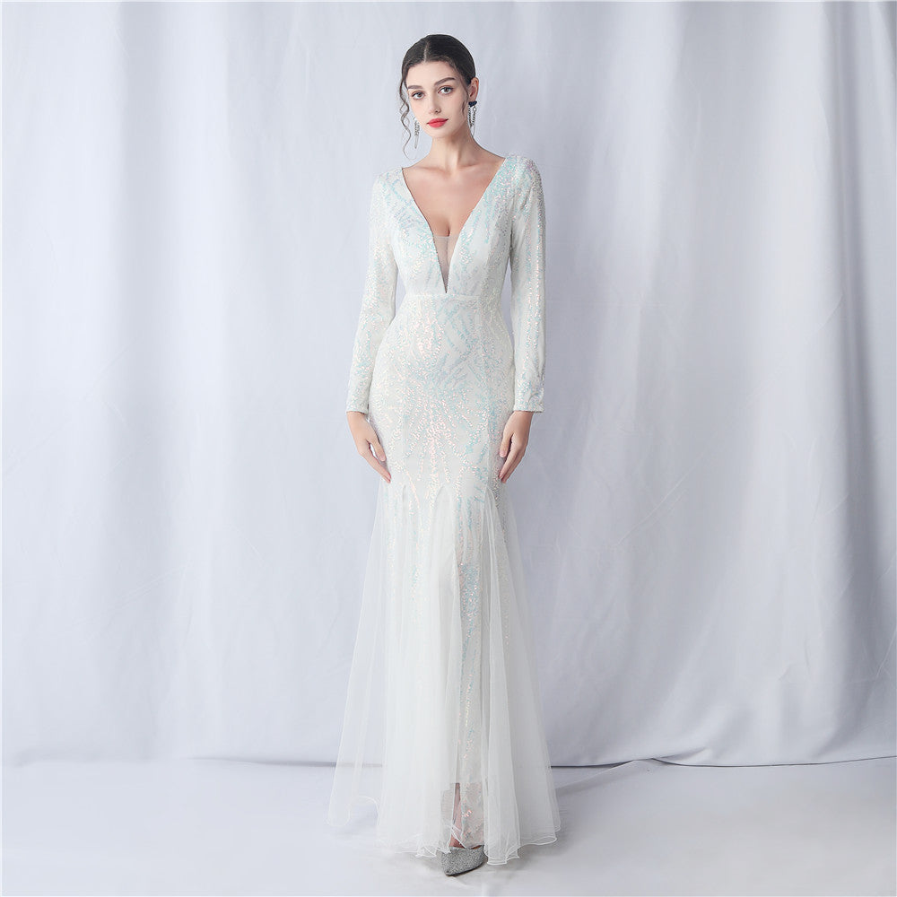 Mesh Sequin Wedding Dinner Annual Meeting Host Long Sleeve Evening Dress