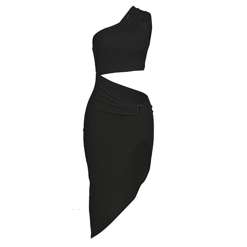 Robe d'été Sexy pour femmes, col diagonal, épaule unique, ajouré, découpe, couleur unie, plissée, taille pincée