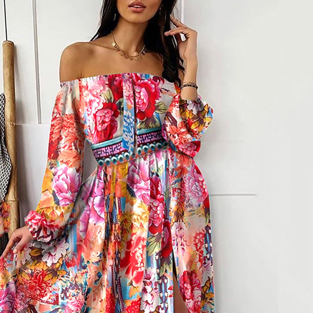 Evening Dress Printed Dress V-neck Pullover Retro Long Sleeve Big Hem Split Dress