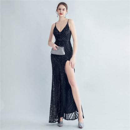 High Density Sequ Binding Waist Shaping Side Slit High End Evening Dress