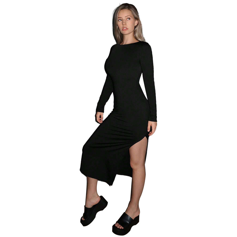 Women Clothing Autumn Winter High Elastic Sexy Backless Slit Hip Wrapped Elegant Party Dress