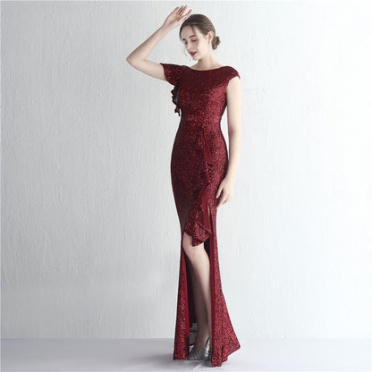 Robe de cocktail fendue longue à paillettes pour femme, tenue de soirée à paillettes, style reine