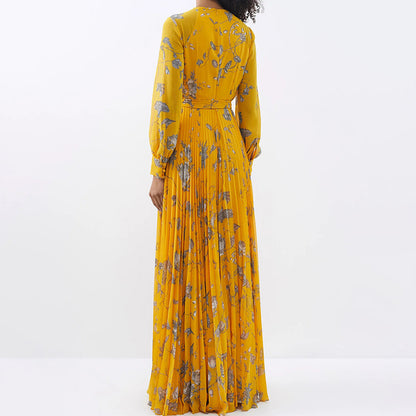 Robe longue à fleurs françaises plissée à lacets et à la taille pour femme