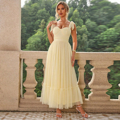 Fashionable Women Clothing Evening Dress Lace up Shoulder Pleated Hem Mesh Dress