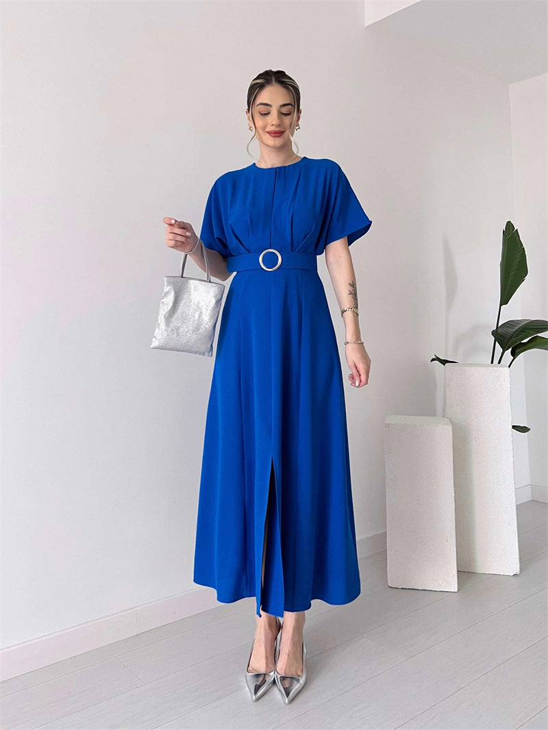 Women Spring Summer Solid Color Chest Pleated Drawstring Dress Long Dress