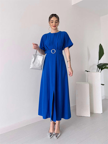 Women Spring Summer Solid Color Chest Pleated Drawstring Dress Long Dress