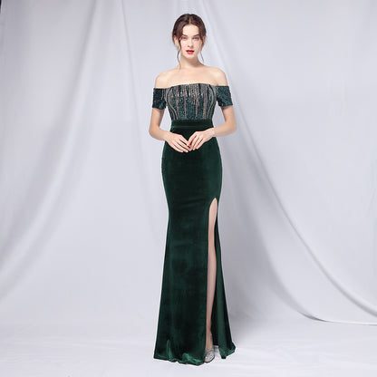 Velvet Gradient Sequin off-Shoulder Banquet Evening Dress Dress Company Annual Meeting Female Sexy Long Slit Formal Gown