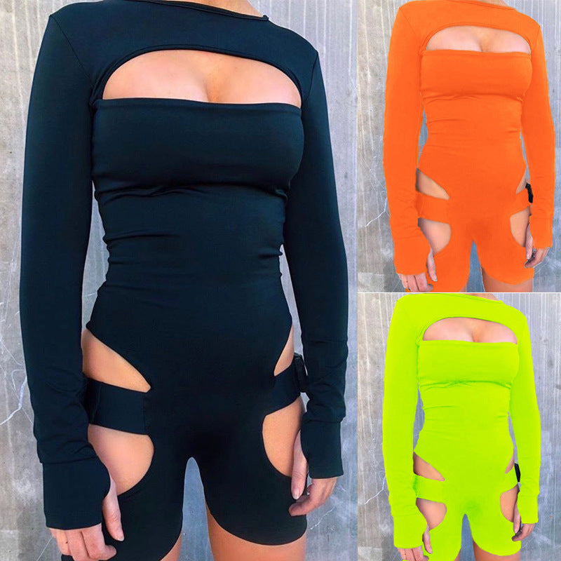 Sexy Hollow Out Cutout Adjustable Release Buckle Long Sleeve Warrior New Romper