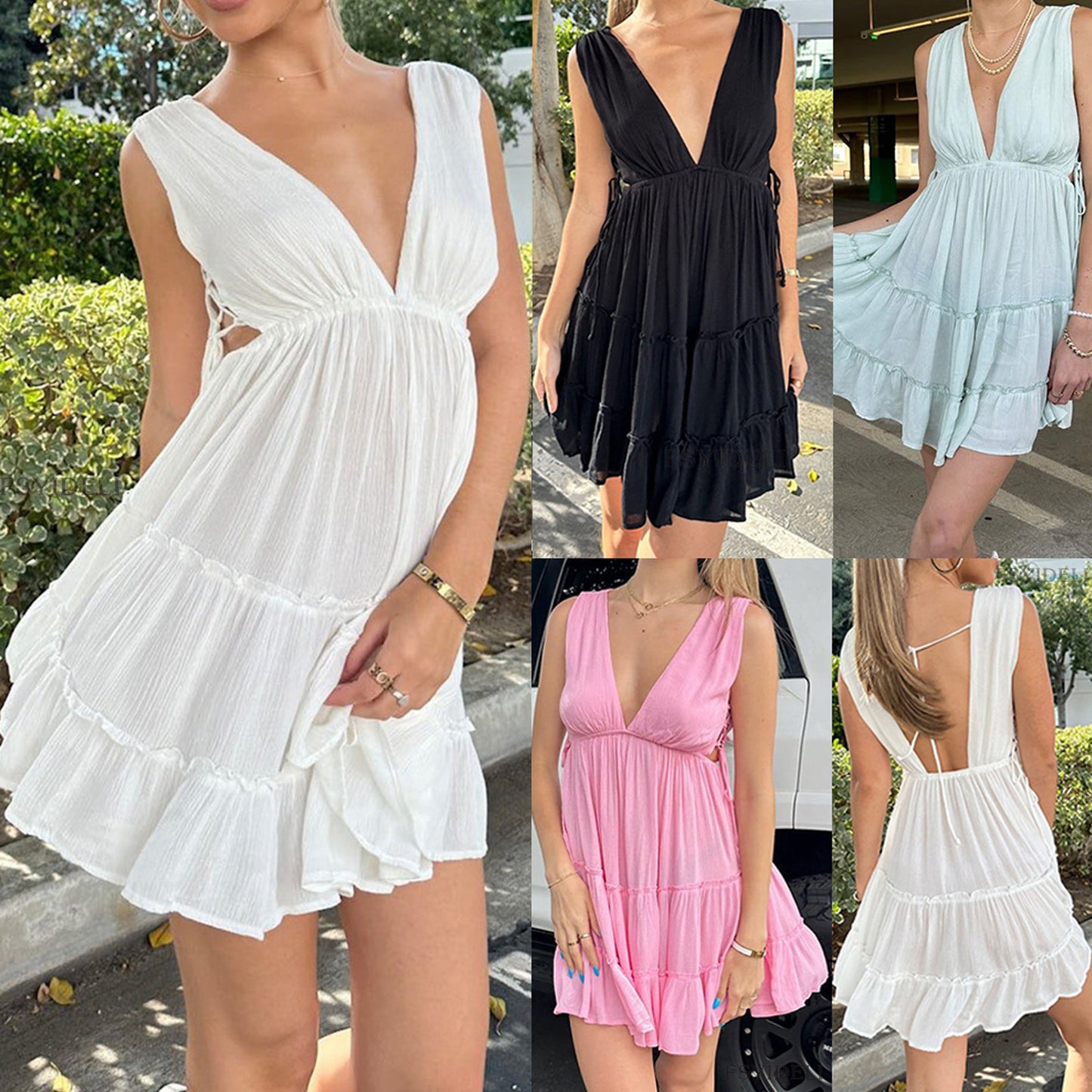 Summer Sleeveless Dress Front Back V neck Waist Controlled Lace up Backless Dress Women