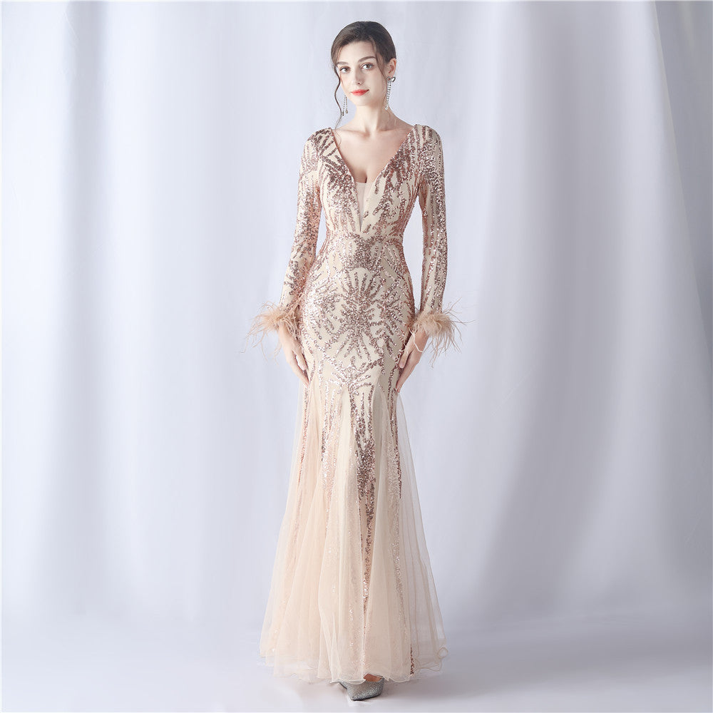 Ostrich Hair Mesh Sequin High End Evening Dress