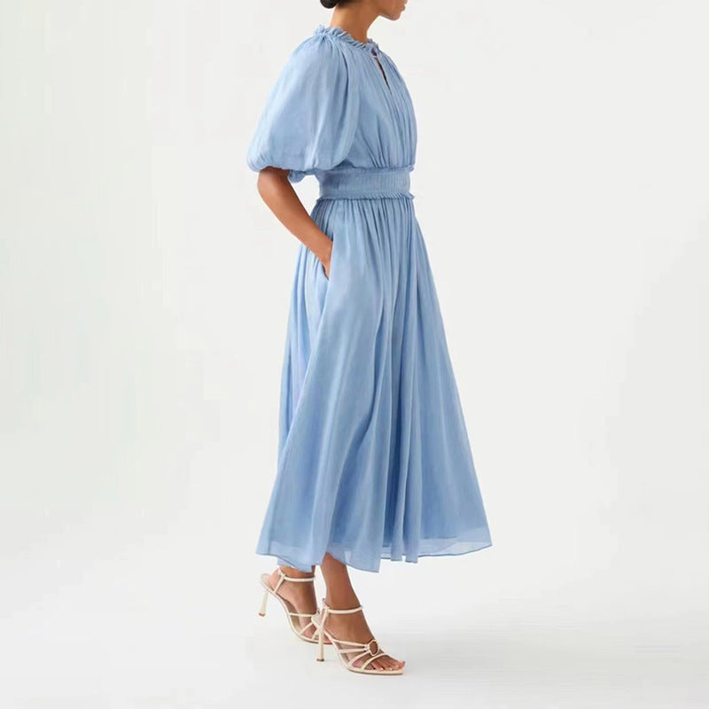 Australian Elegant Solid Color Patchwork Tulle Dress Spring Puff Sleeve Pleated Ruffled Maxi Dress Women